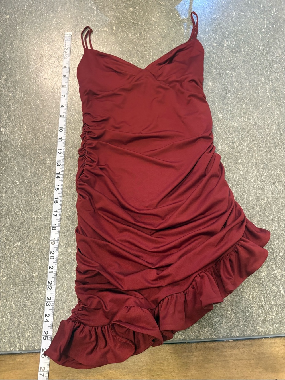 Oh Polly Ruched Asymmetric Ruffle Mini Dress Burgundy Wine Red Size US 4 / UK 8 - Picture 6 of 7